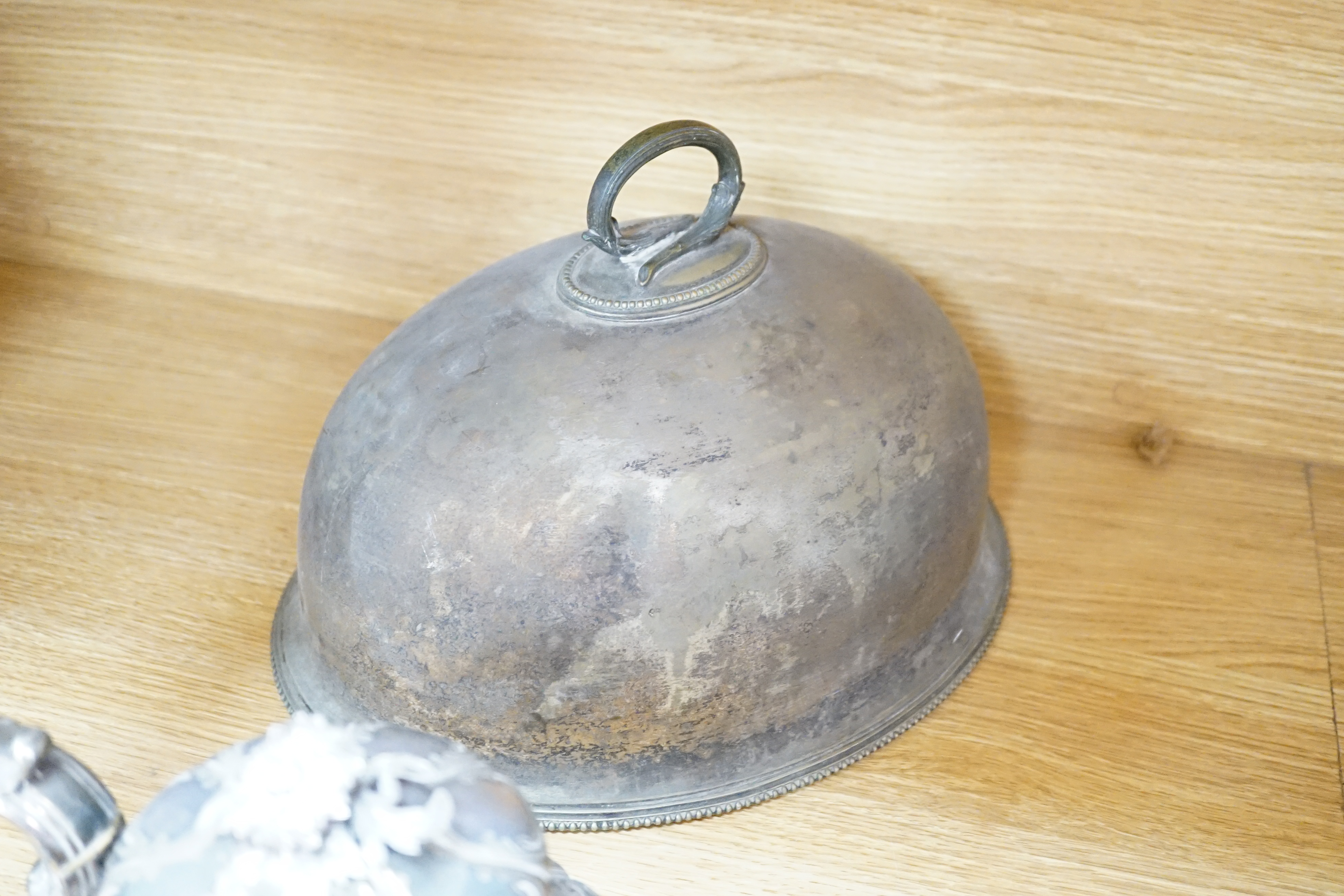 A quantity of silver plated wares to include a three piece tea set, tureen cover and pair of candelabra, 42cm CITES Submission reference S7EVMP55